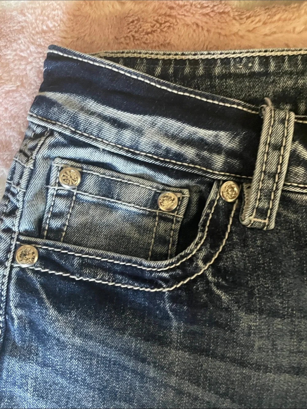 Fleur. Miss Me Embellished Blue Denim Jeans Rhinestone,Sequin Cross Designed Y2K